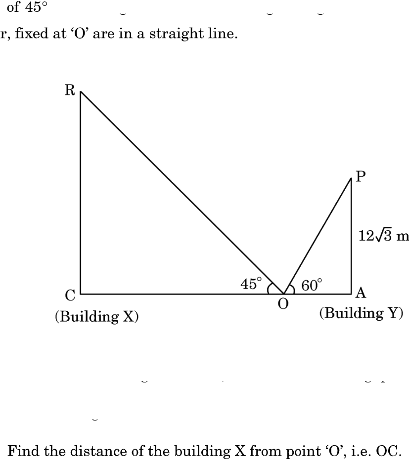 Geometric diagram showing a ladder resting against two opposite buildings X and Y at angles of 45 and 60 degrees from point O