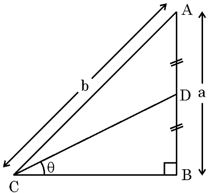 Right-angled triangle ABC with point D on AB and angle BCD marked as theta