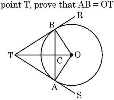 Circle with perpendicular radii OA and OB and intersecting tangents at T