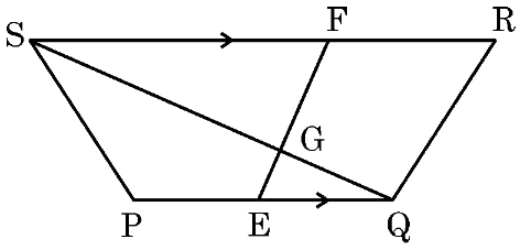 Trapezium PQRS with line segment EF parallel to PQ and SR intersecting diagonal SQ at G