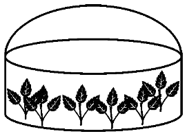 Diagram of a greenhouse with a cylindrical base and hemispherical dome containing plants inside