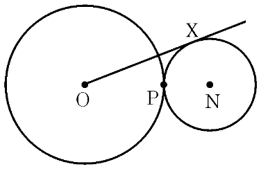 Two externally touching circles with centres O and N and a line OX tangent to circle N