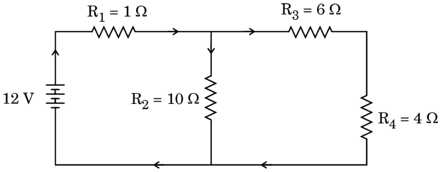 Circuit diagram with a 12V power supply and four resistors R1 = 1 ohm, R2 = 10 ohm, R3 = 6 ohm, and R4 = 4 ohm