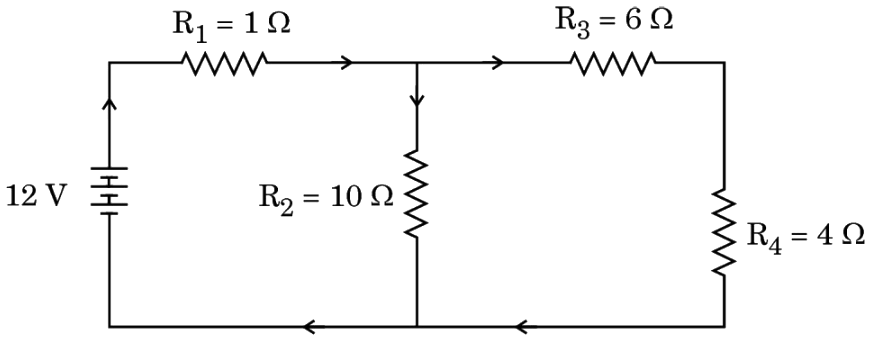Circuit diagram with a 12V battery connected to four resistors R1, R2, R3, and R4