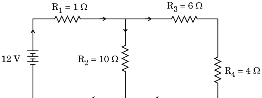 Electric circuit diagram with 12V power supply and resistors R1 = 1 ohm, R2 = 10 ohm, R3 = 6 ohm, and R4 = 4 ohm
